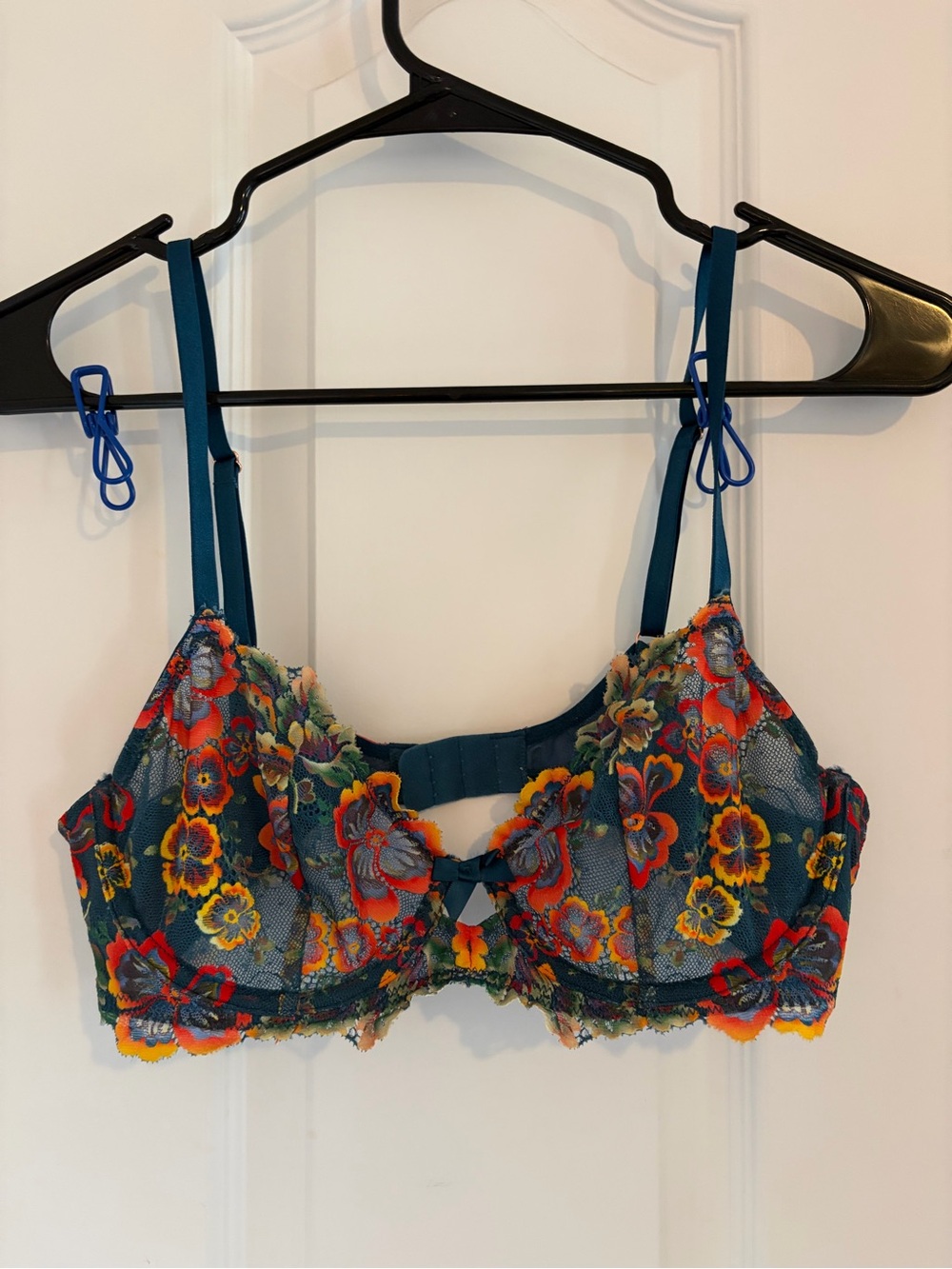 Savage X Fenty Teal Lace Underwire Bra with Multicolor Floral Embroidery
